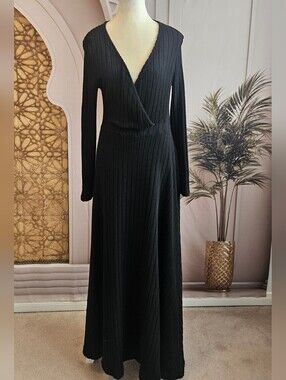 SHEIN Black Ribbed Wrap Maxi Dress